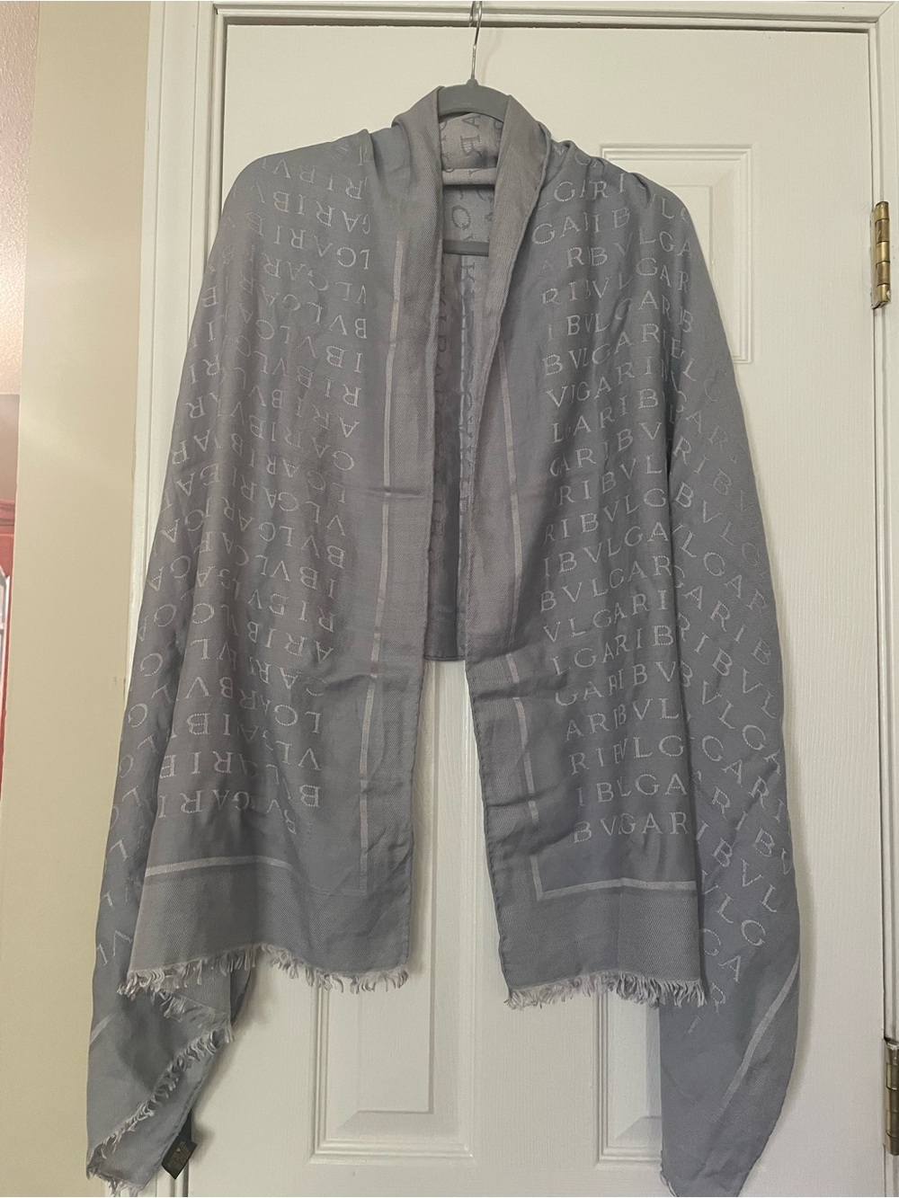 Bulgari Light Gray Logo Jacquard Scarf Wrap 60% silk 40% wool